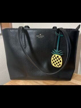 Kate Spade Marlee Black Tote with Pineapple Charm Large Women’s Leather Bag